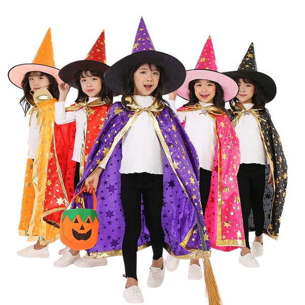 Children Halloween Costumes Wizard Witch Cloak Cape Robe with Pointy Hat Girls Boys Cosplay Props